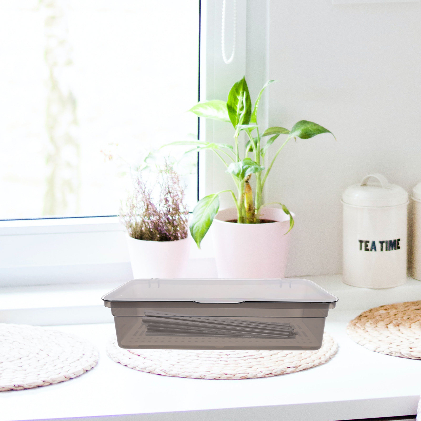 Kitchen Utensil Holder - Yemek Çubukları Saklama Kutusu Gri Şeffaf