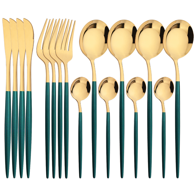 Kitchen Gadgets Green - 16 adet Yeşil Altın Yemek Takımı